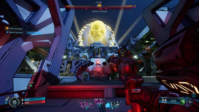 A screenshot of Borderlands 4, showing the player assaulting the fortress of Idolator Sol, whose head is displayed on the fortress' façade in a yellow hologram.