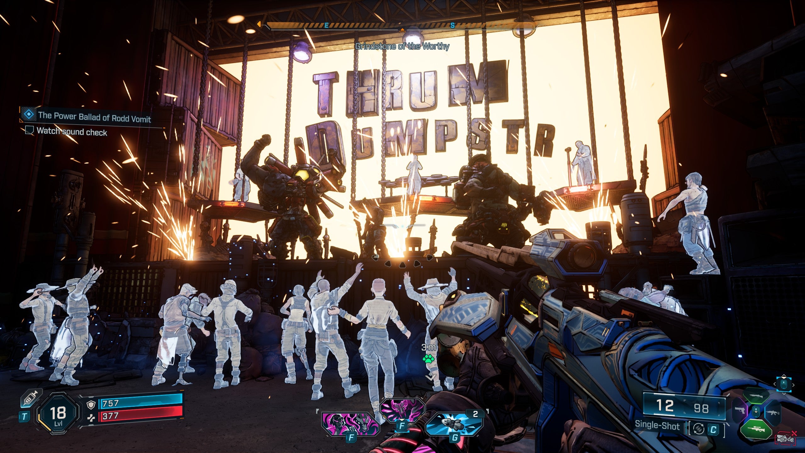 A screenshot of Borderlands 4, showing the player in the audience for a stage performance by the Ripper band "Thrum Dumpster".