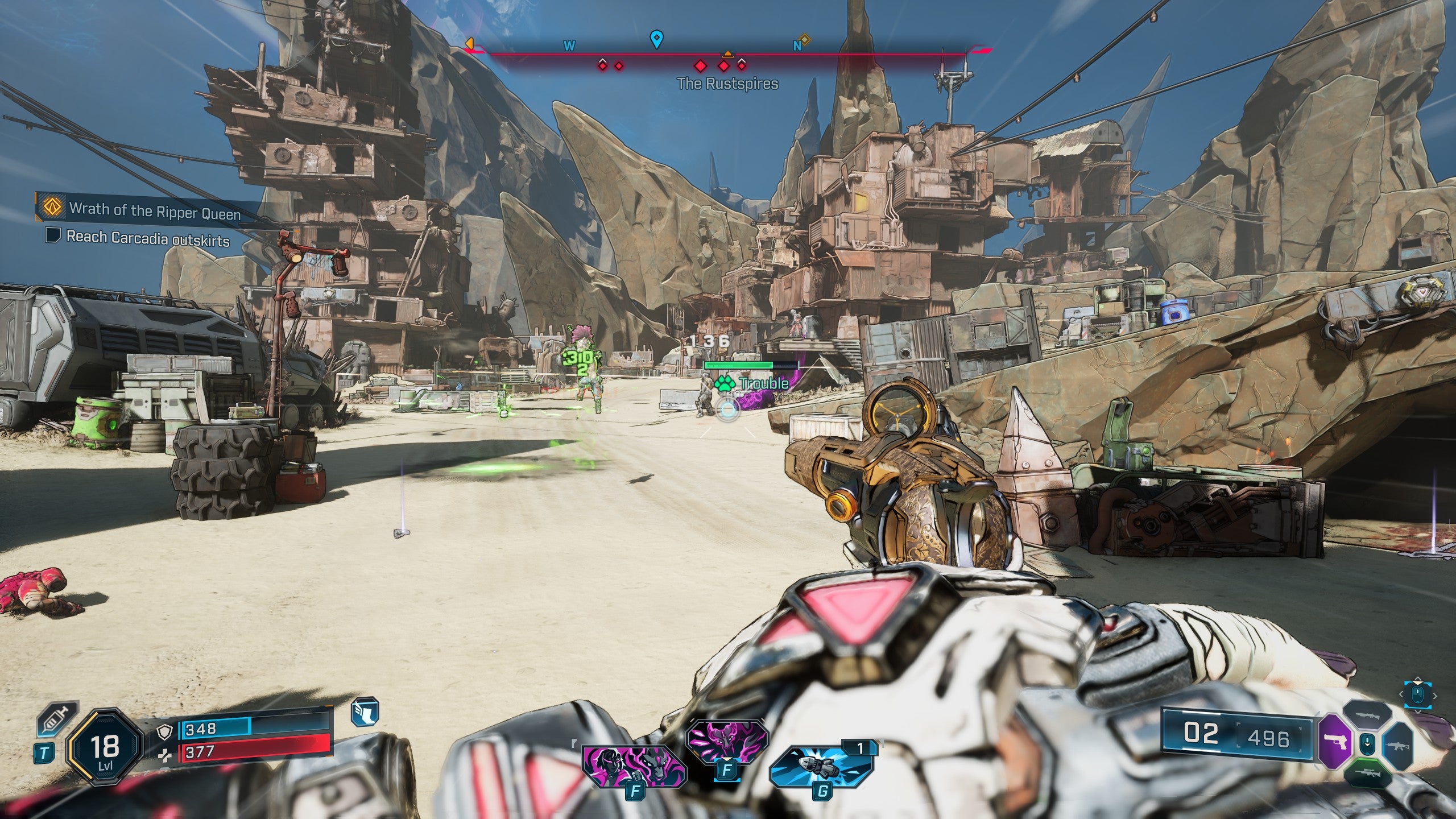 A screenshot of Borderlands 4, showing the playing fighting on the outskirts of a shanty town in Carcadia Burn