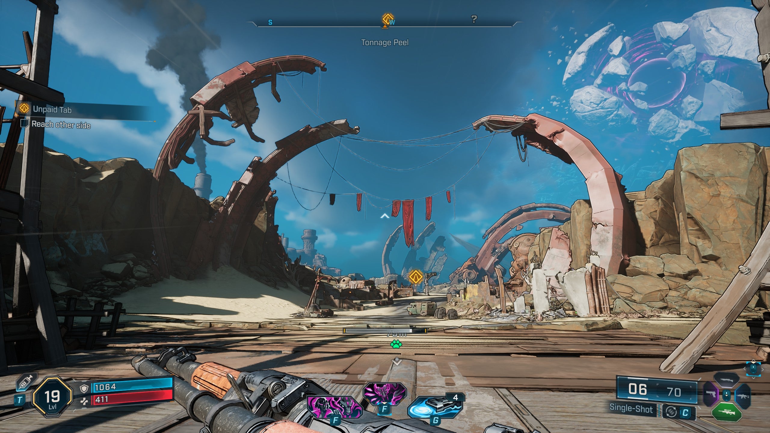 A screenshot of Borderlands 4, showing the player running through a tunnel of curled rusty spikes like giant exposed ribs. Kairos' shattered moon is visible in the upper right corner.