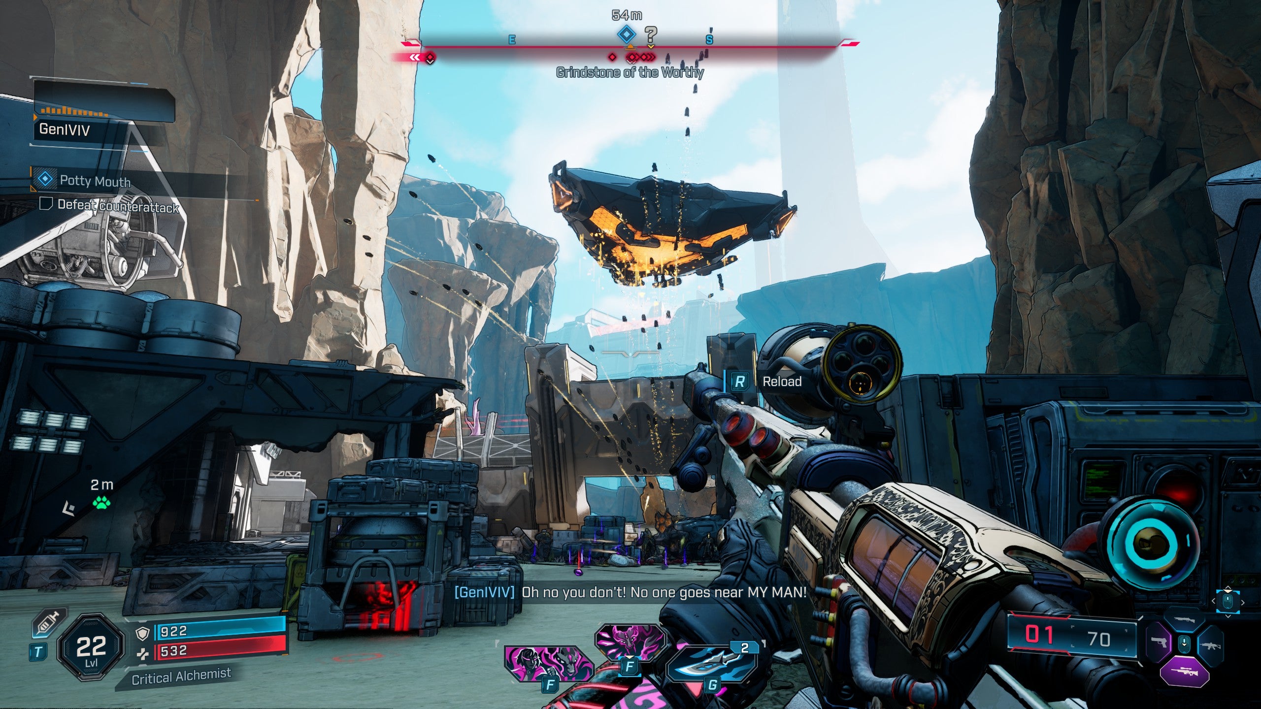 A Screenshot of Borderlands 4 showing an order airship depositing soldiers while artillery flies through the air.