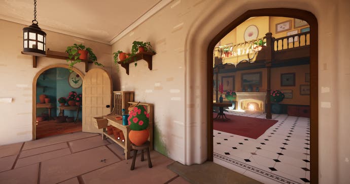 A downstairs hallway in Botany Manor, with a grand room visible through an archway.