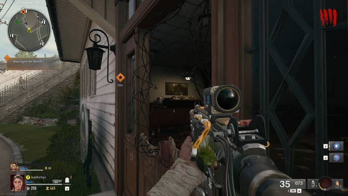 The player aims at a pair of bowling shoes inside of a zombie spawn point on Liberty Falls in Call of Duty: Black Ops 6