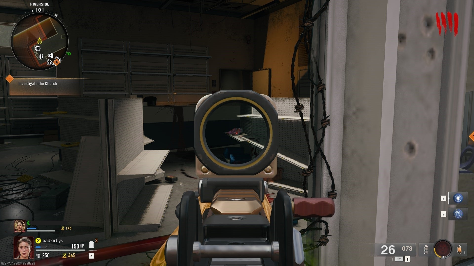 The player aims at a pair of bowling shoes inside of a zombie spawn point on Liberty Falls in Call of Duty: Black Ops 6 - 4