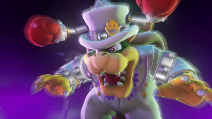 Bowser dressed in a formal white suit in Super Mario Odyssey. His hat has two boxing gloves coming from it.