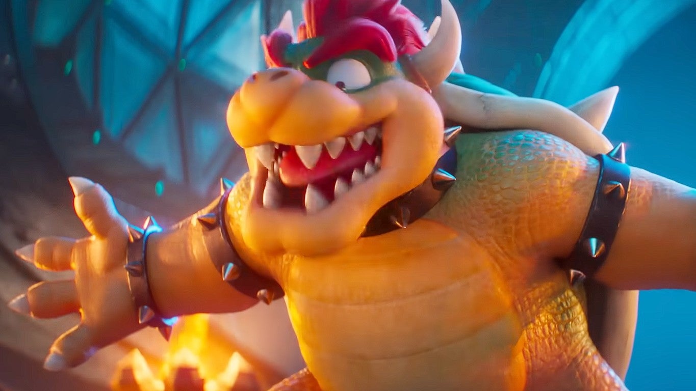 Bowser stands with his arms spread wide in a still from The Super Mario Galaxy Movie