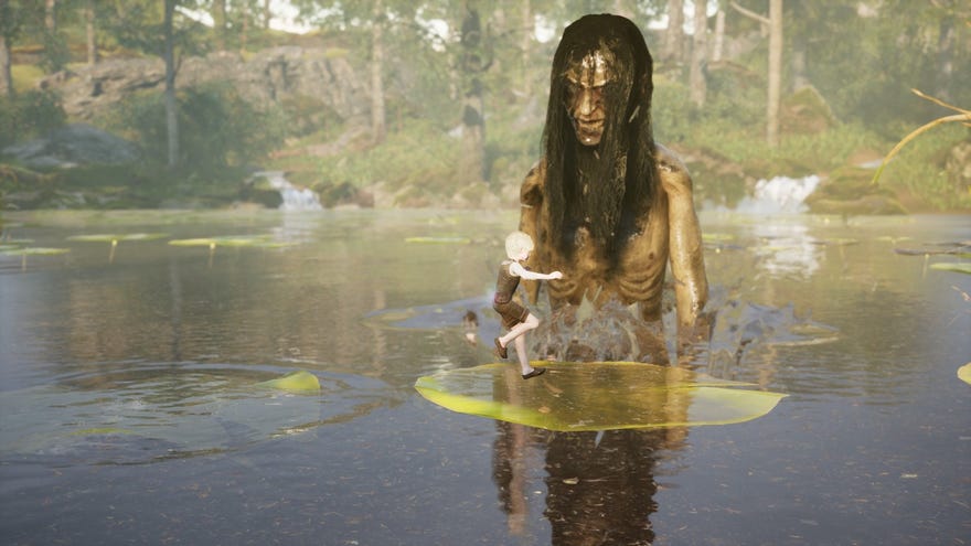 Olle jumps away from a river corpse in Bramble: The Mountain King