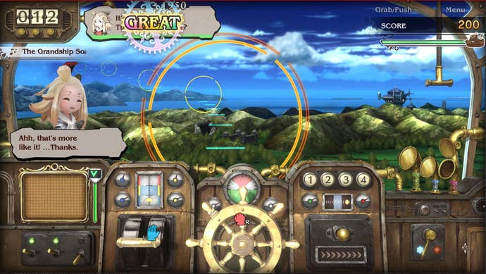 An airship mini-game in Bravely Default Flying Fairy HD Remaster; the view of a cockpit, with various interactive elements like a wheel, switches, a level, and a whistle.