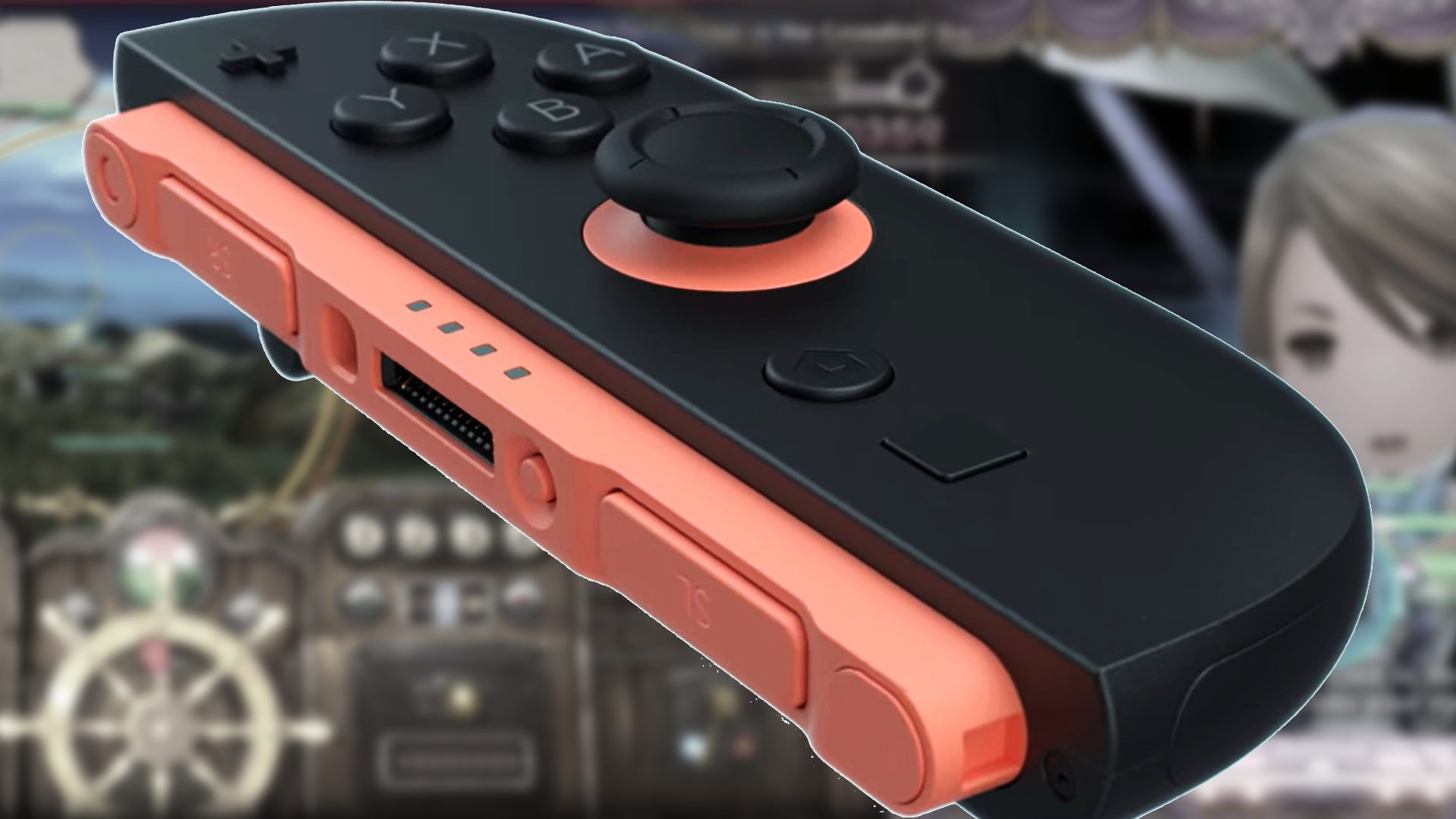 A JoyCon from the Switch 2 over the top of two slightly blurred, desaturated images from Bravely Default HD Remaster. - 1