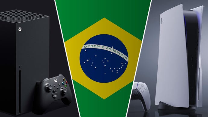The Brazilian flag, flanked by Xbox and Playstation consoles.