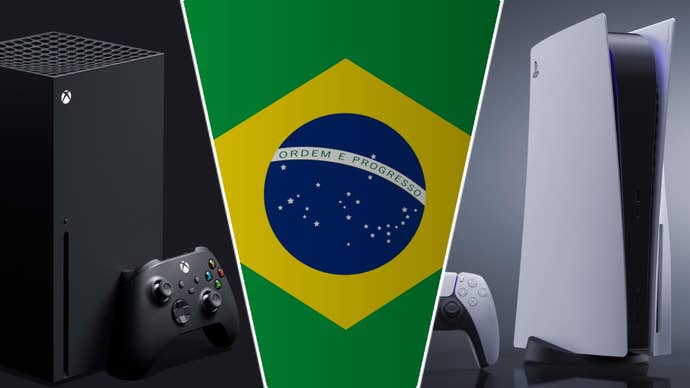 The Brazilian flag, flanked by Xbox and Playstation consoles.