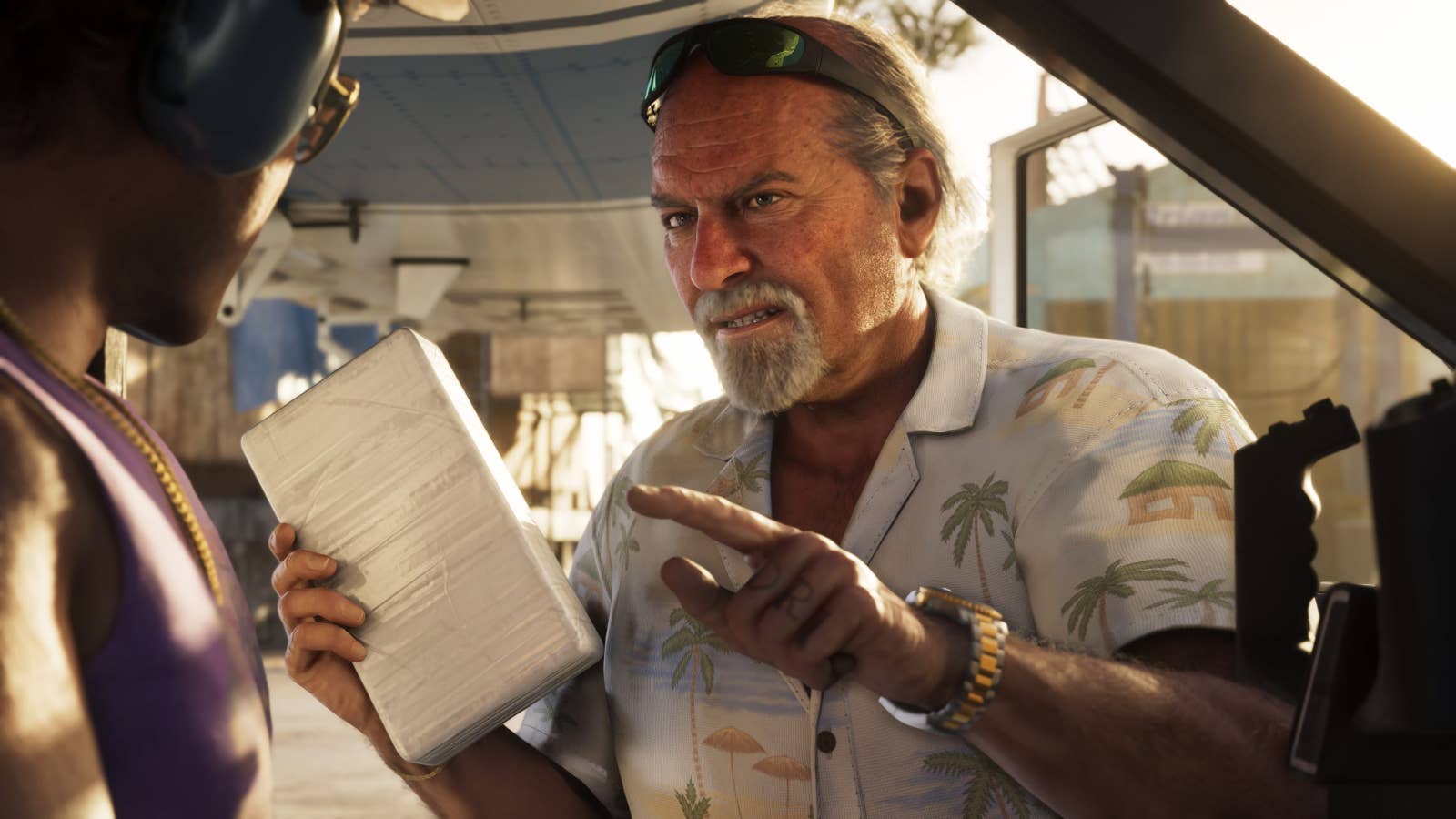 Brian from GTA 6, with grey goatee and Hawaiian shirt