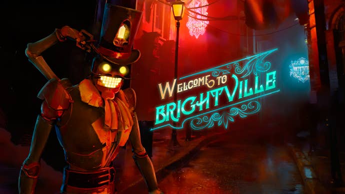 A scary yellow-mawed grinning robot gentleman in a top hat, standing on a gloomy, red-lit street in Welcome To Brightville, with the game’s title text pasted on top