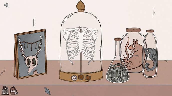 A Birth screenshot of a table top filled with jars of creatures with a big jarred ribcage in the middle.