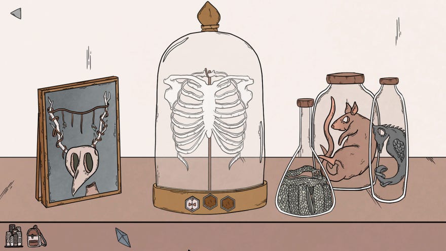 A Birth screenshot of a table top filled with jars of creatures with a big jarred ribcage in the middle.