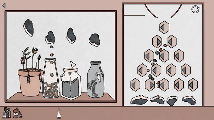 A Birth screenshot showing a puzzle where you need to direct some falling stones to fill up a jar.