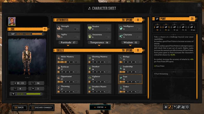 Screenshot of Broken Roads, showing the character sheet at an early level
