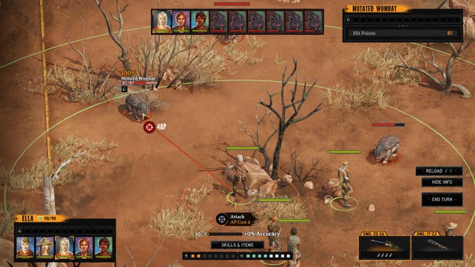 Captura de pantalla de Broken Roads, que muestra una vista de combate por turnos y alguien apuntando con un francotirador a un gran wombat.