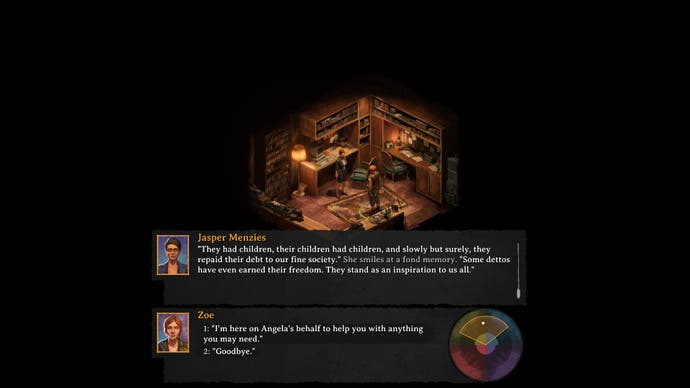 Captura de pantalla de Broken Roads, que muestra a Jasper definiendo 'dettos' y la respuesta disponible de que estás allí para hacer un recado.