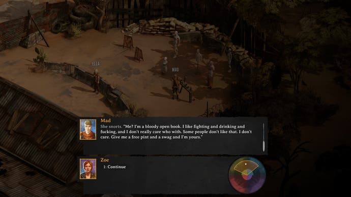 Screenshot of Broken Roads, showing the companion Mad explaining her worldview