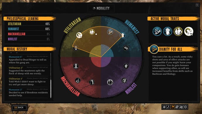 Screenshot of Broken Roads, showing the moral compass UI, with a highlighted segment overlapping ‘humanist’ and ‘utilitarian’