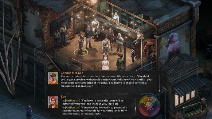 Screenshot of Broken Roads, showing two utilitarian dialogue options, but one is crossed out and unavailable