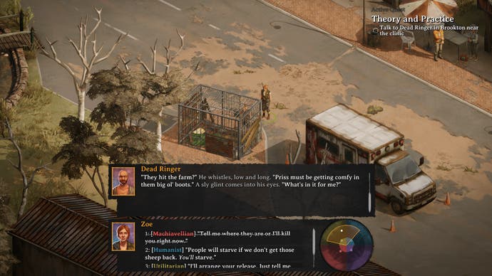 Capture d'écran de Broken Roads, montrant les options de dialogue, où une option machiavélique est barrée et indisponible