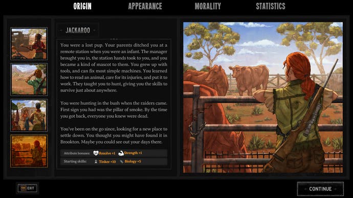 Captura de pantalla de Broken Roads, que muestra el trasfondo de 'Jackaroo' en la construcción de personajes