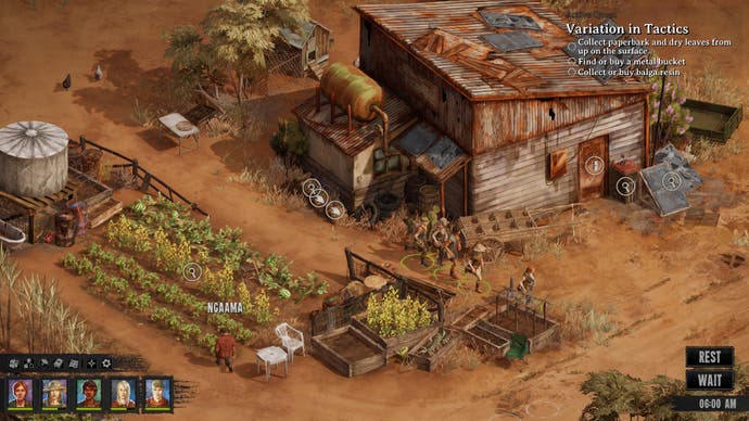 Captura de pantalla de Broken Roads, que muestra un asentamiento con un jardín bien mantenido