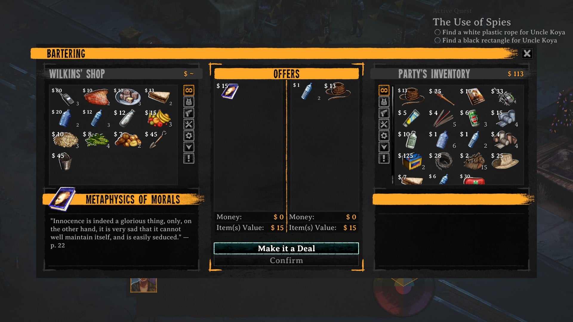 Screenshot of Broken Roads, showing a trade menu exchanging the Metaphysics of Morals for some rope and plastic bottles