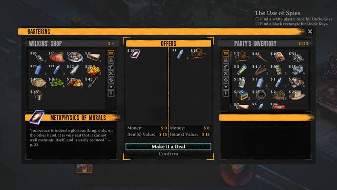 Screenshot of Broken Roads, showing a trade menu exchanging the Metaphysics of Morals for some rope and plastic bottles