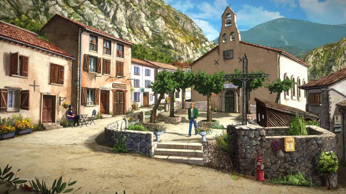 A sunny street corner from a Broken Sword: Parzival’s Stone screenshot