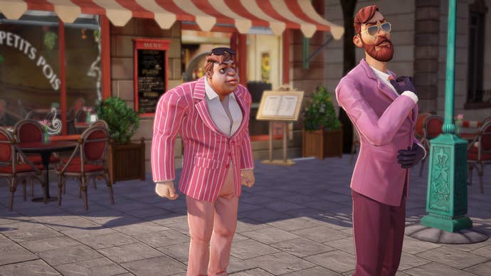 Two men in pink suits from a Broken Sword: Parzival’s Stone screenshot
