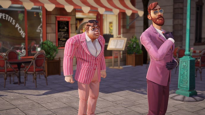 Two men in pink suits from a Broken Sword: Parzival's Stone screenshot