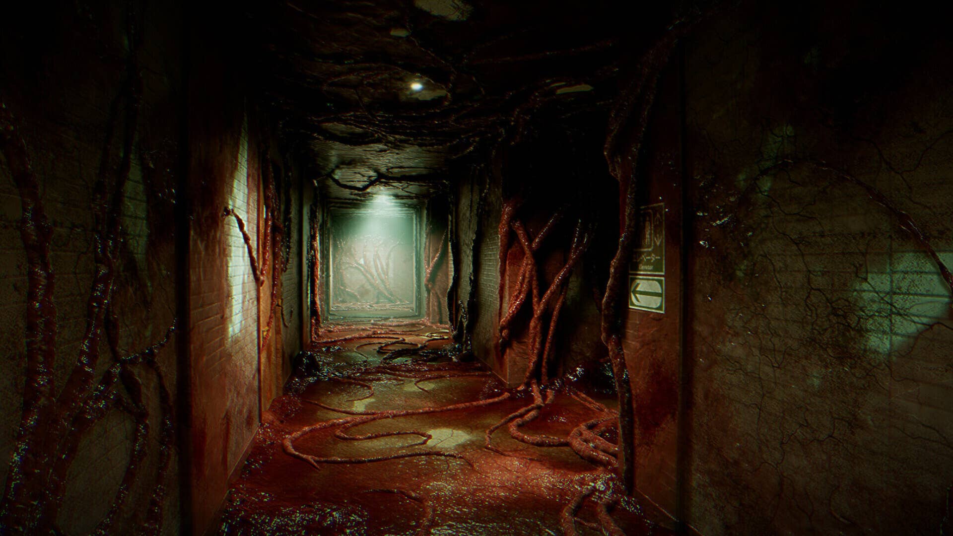 A corridor covered in blood and flesh-like appendages is shown in BrokenLore: Don't Watch