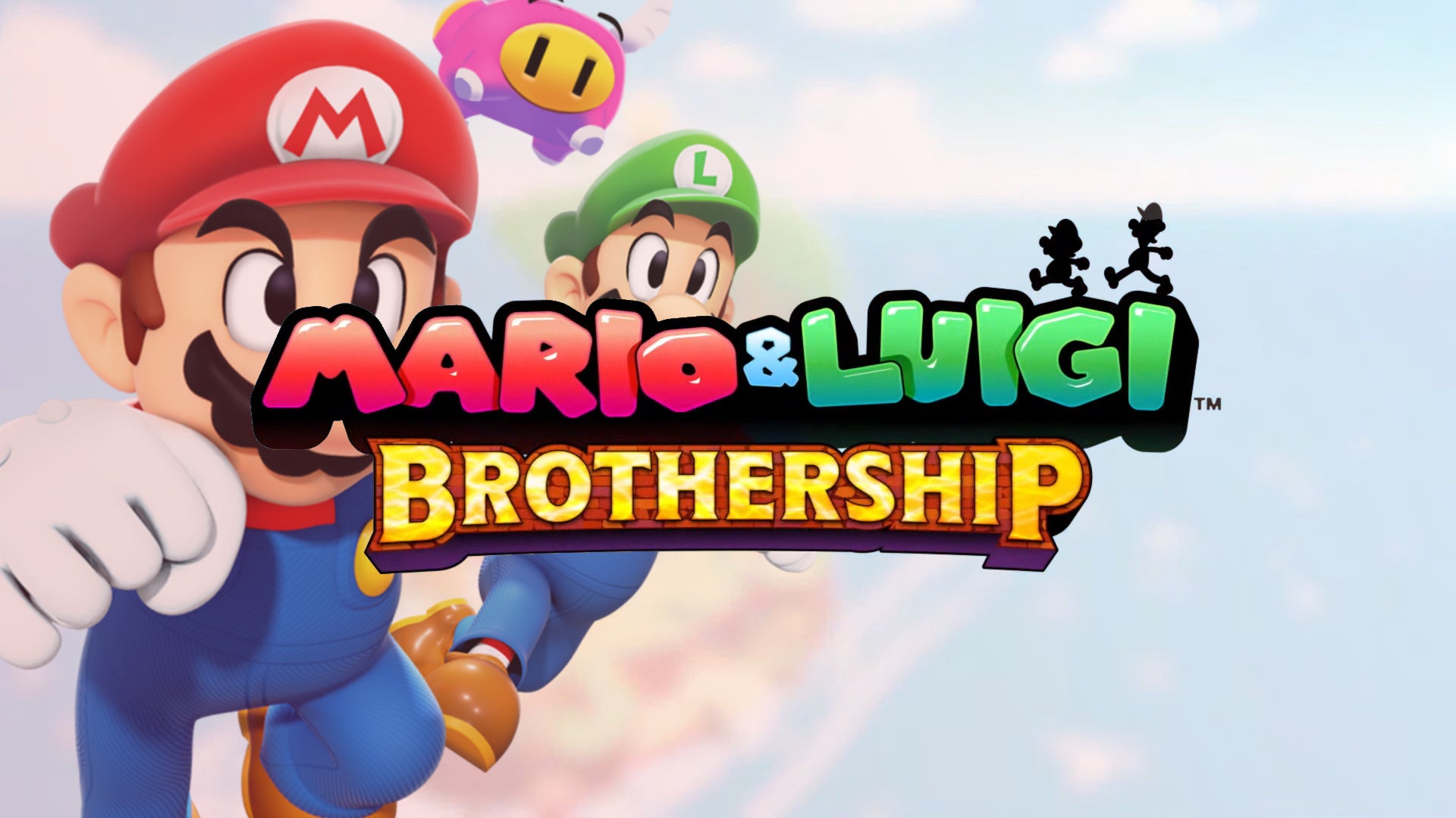 The Mario & Luigi Brothership logo, with a slightly obscured Mario and Luigi behind it, with a nice island background. - 1