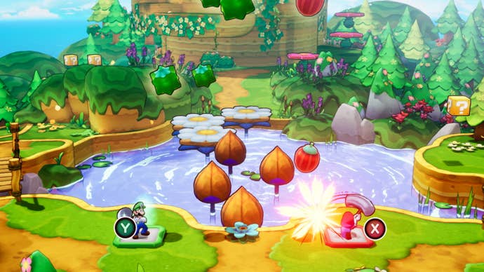 Mario and Luigi in a platforming section of Brothership, with lots of green and leaves.