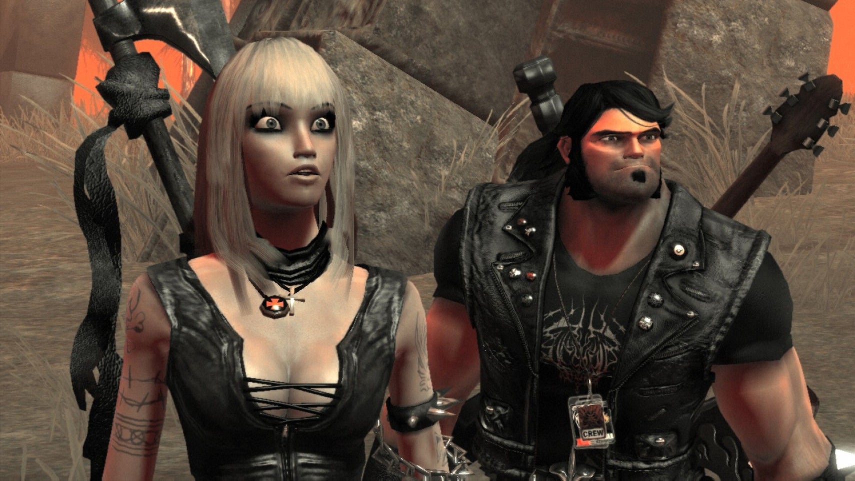 Image 1: Screenshot from Brutal Legend, showing Jack Black's character and a blonde-haired woman looking shocked at something off camera.