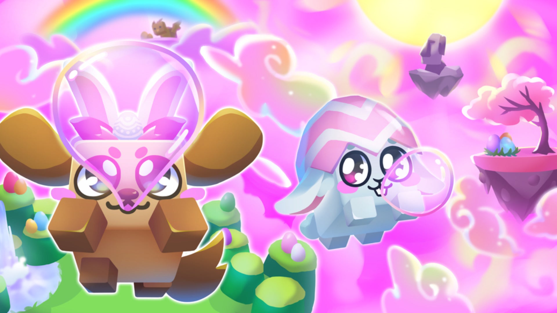 A dog and bunny wearing easter egg hats can be seen blowing bubblegum in key artwork for Bubblegum Simulator Infinity - 1