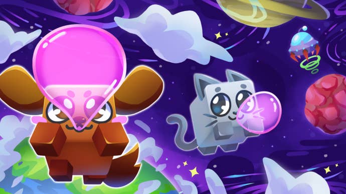 Two pets can be seen blowing bubblegum in outer space in key artwork for Bubblegum Simulator Infinity