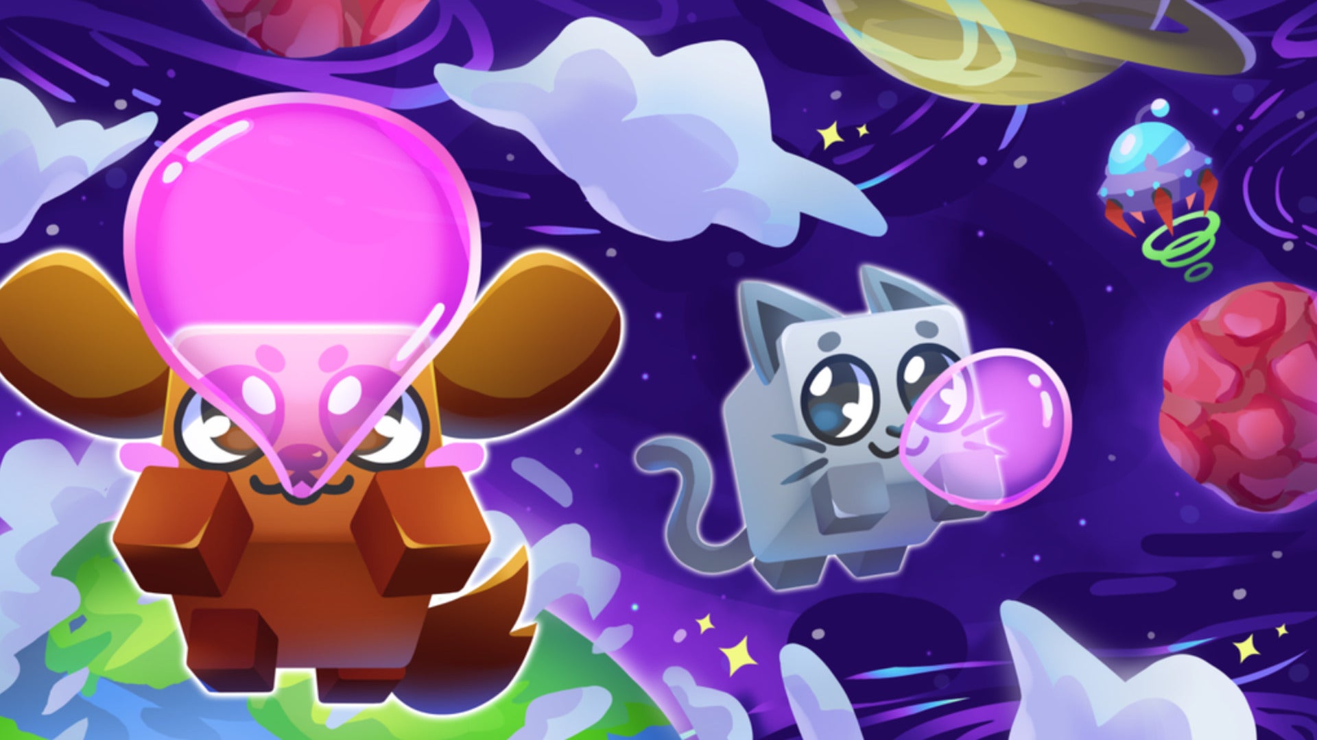 Two pets can be seen blowing bubblegum in outer space in key artwork for Bubblegum Simulator Infinity - 1