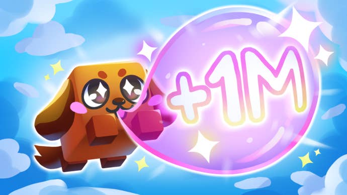 A dog can be seen blowing bubblegum that reads ‘1M+’ in key artwork for Bubblegum Simulator Infinity
