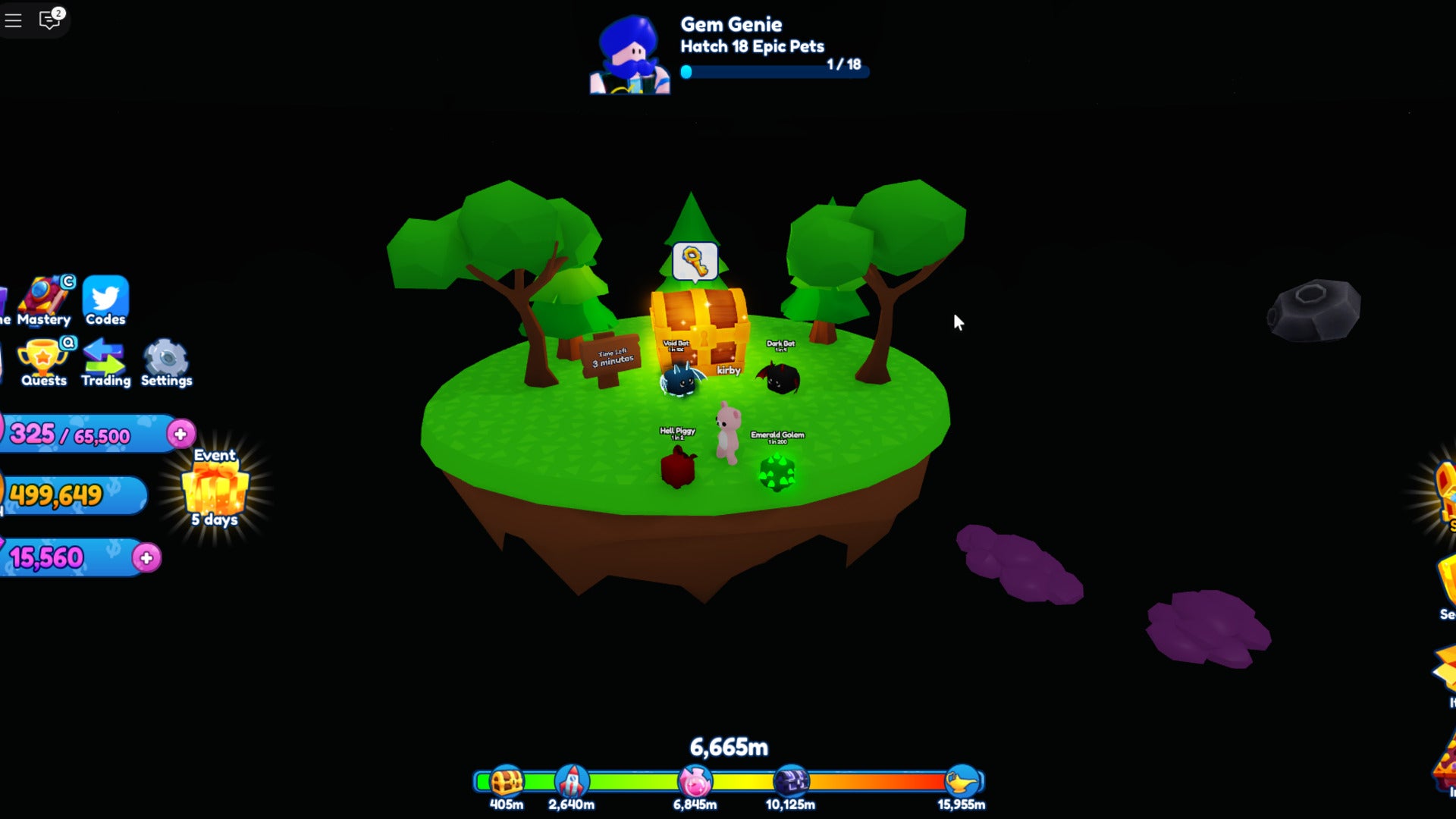 The player stands on a Rift Island with a Golden Rift Chest in front of them in Bubblegum Simulator Infinity - 3