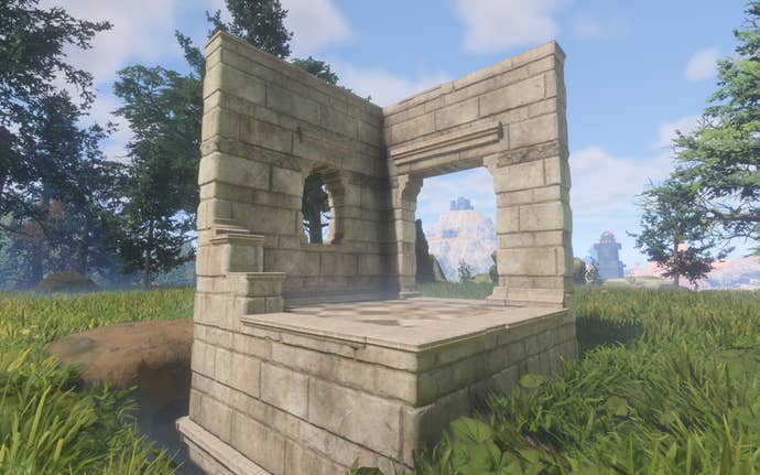 A demonstration of the Highly Polished Stone Block, which is cream-coloured and smooth. The flooring has a diagonal pattern.