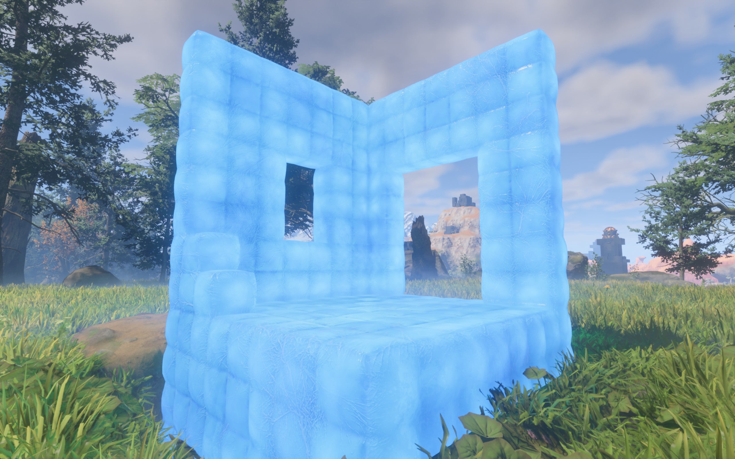 A demonstration of the Luminescent Block, which glows bright blue. Its bricks are rounded and appear squishy.