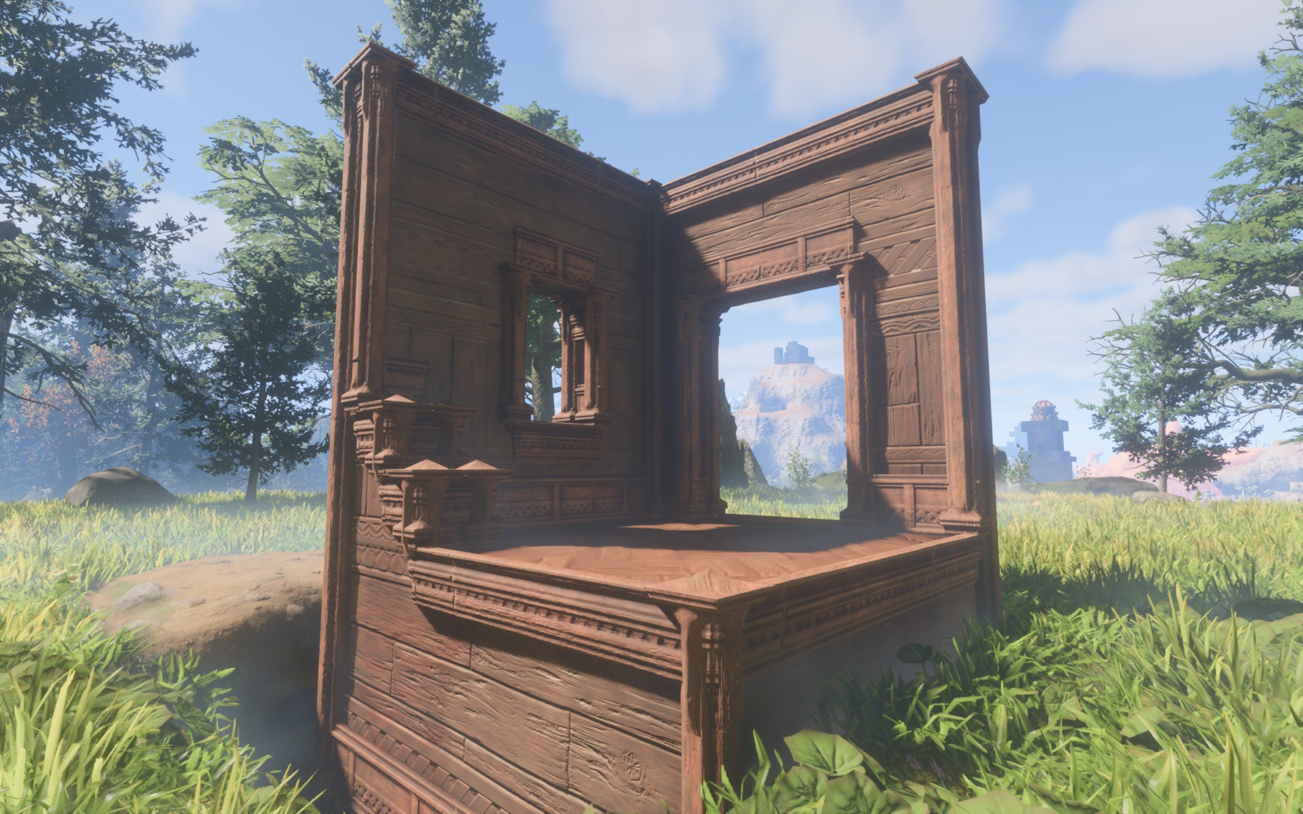 A demonstration of the Palm Wood Block, a warm chestnut-coloured wood with elaborate carved patterns.