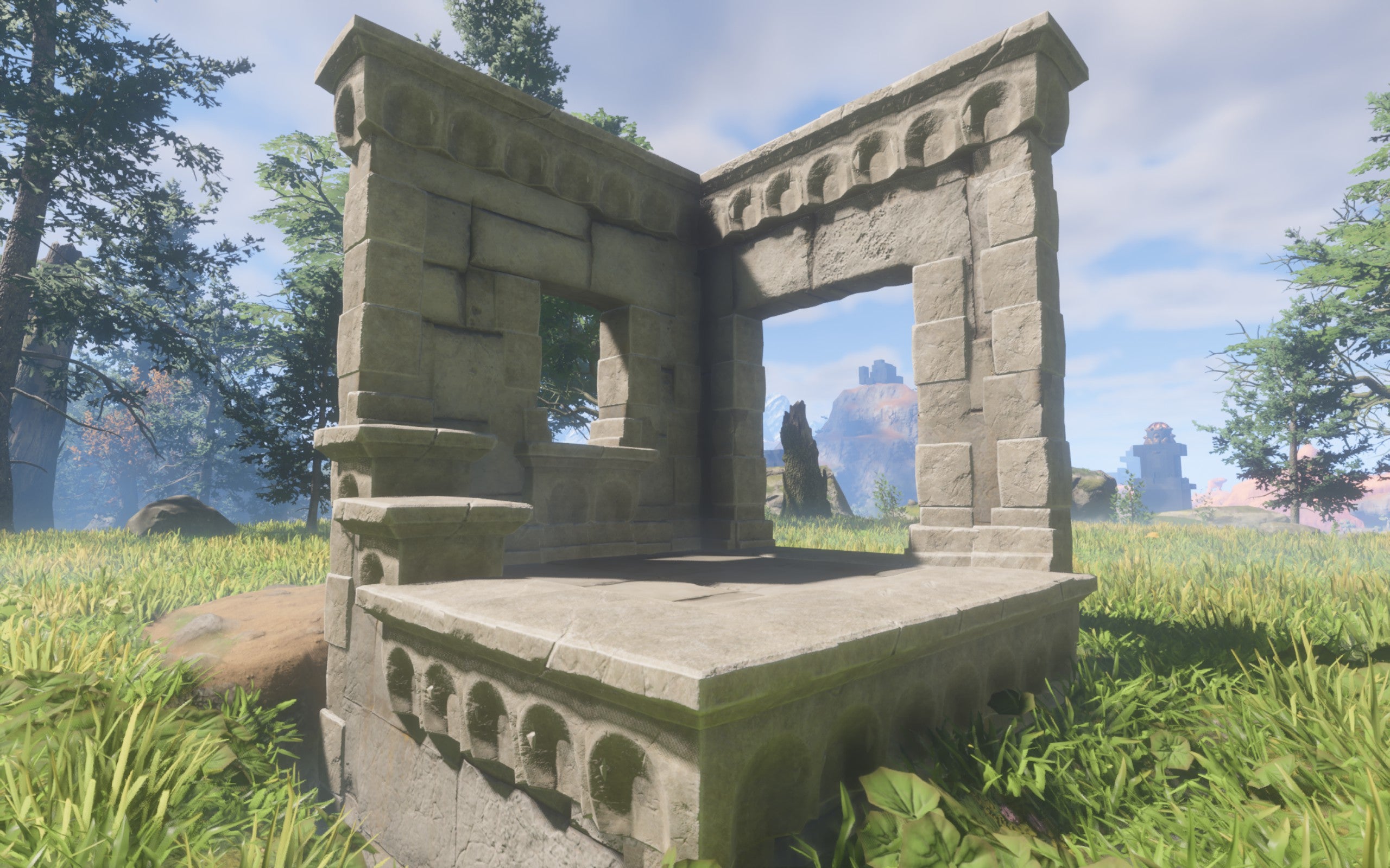 A demonstration of the Refined Stone Block, made of fairly even grey stone bricks, with some fancy carvings above the doors and windows.