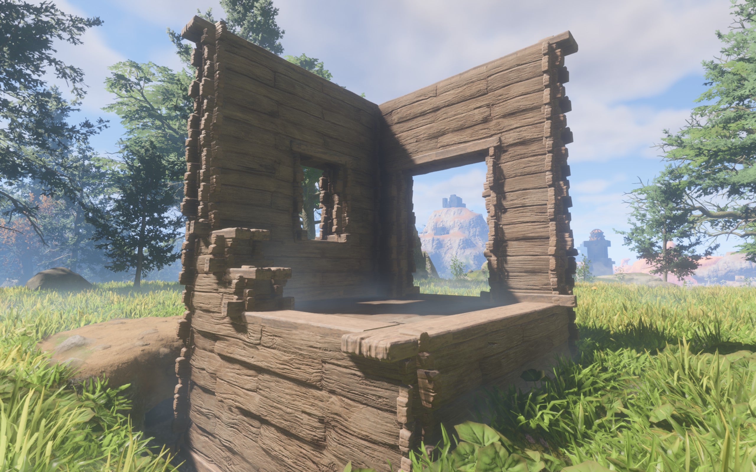 A demonstration of the Refined Wood Block, made of fairly dark wood panels. It has a rustic vibe.