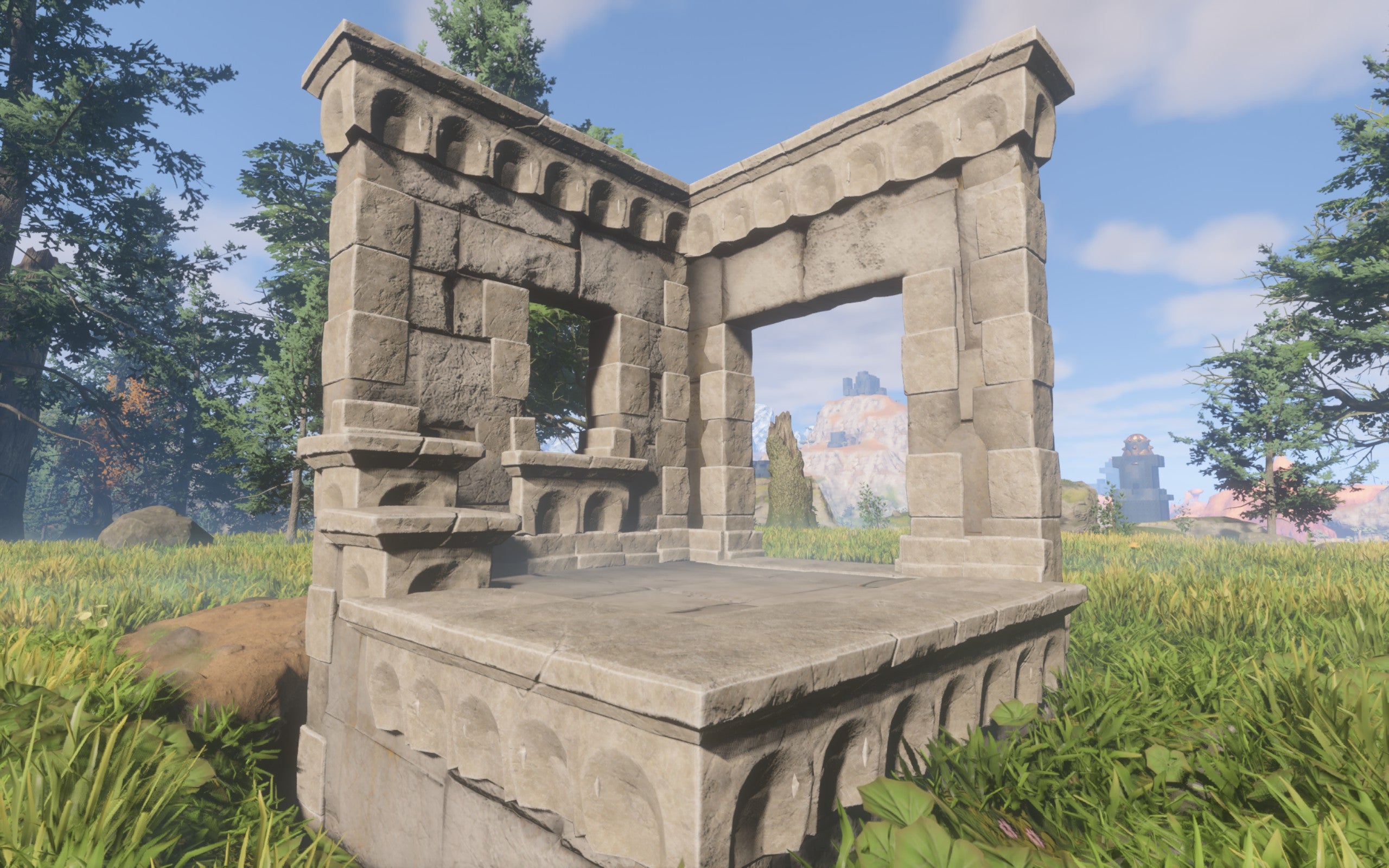 A demonstration of the Regular Stone Block, which has fairly even grey stone bricks and details above the doors and windows.