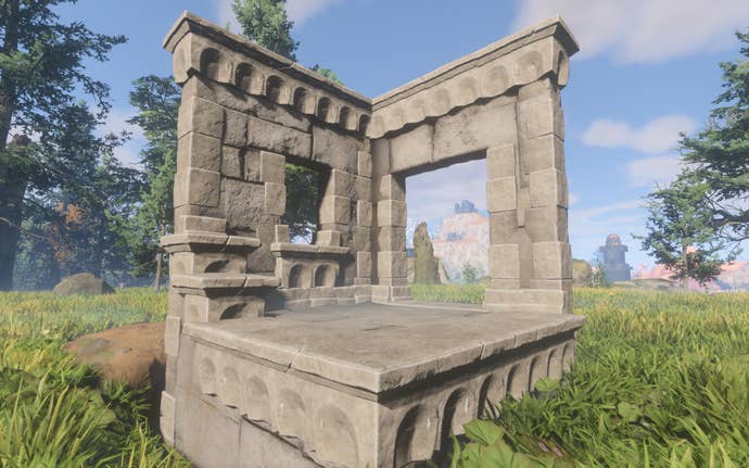 A demonstration of the Regular Stone Block, which has fairly even grey stone bricks and details above the doors and windows.